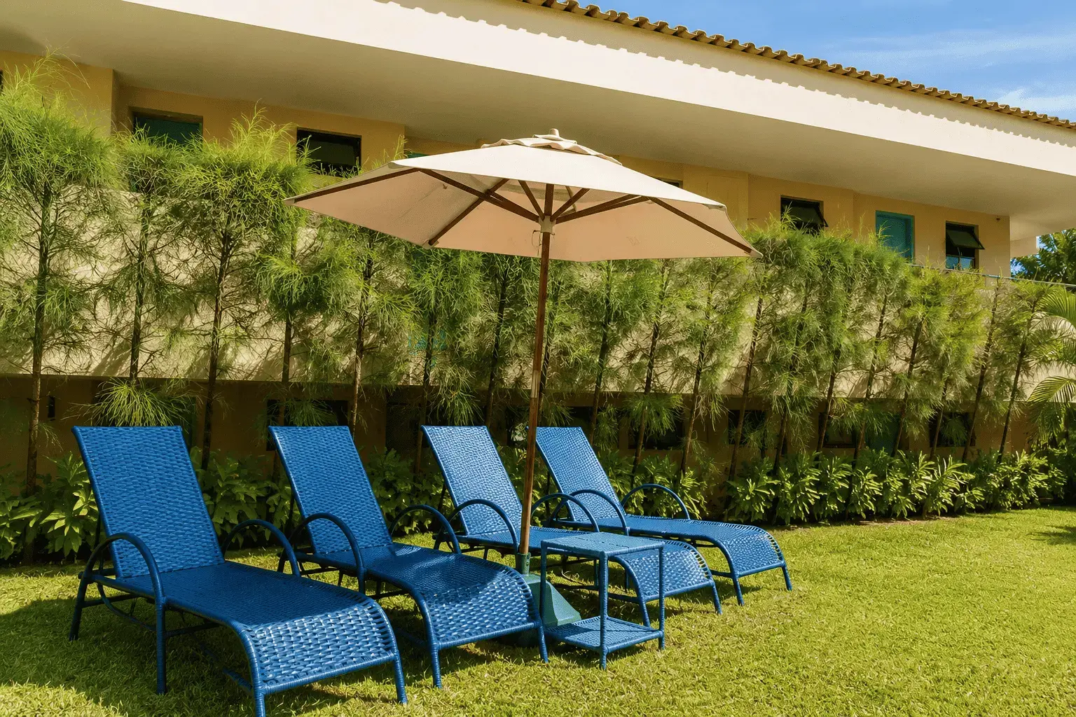 Espreguiçadeiras no jardim do hotel