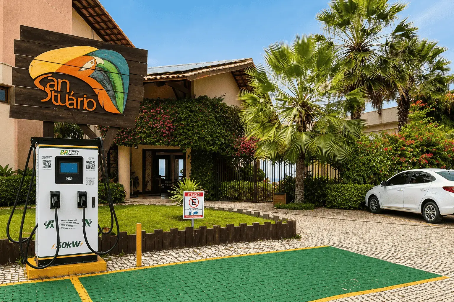 Entrada, estacionamento e eletroposto do hotel